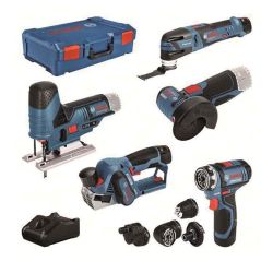 5-teiliges 12Volt-Werkzeug-Set, GSR + GOP + GHO + GWS + GST (blau, 3x Li-Ionen A