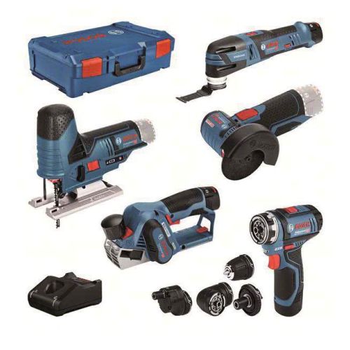 Bild: 5-teiliges 12Volt-Werkzeug-Set, GSR + GOP + GHO + GWS + GST (blau, 3x Li-Ionen A