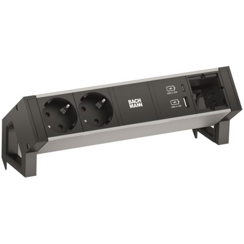 Bild: BACHMANN 937304 DESK2 ALU BLACK 2xfach 1xCM 1xUSB A&C22W