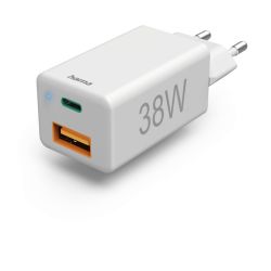 Hama Schnellladegerät USB-C 38W USB-C PD, USB-A QC, weiß 201640